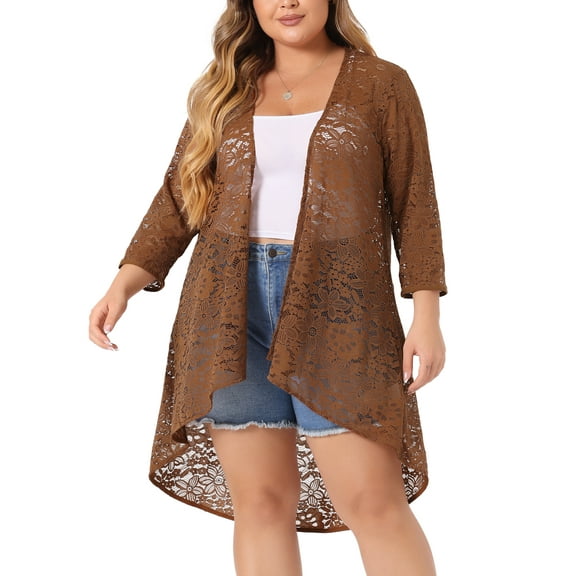 Agnes Orinda Women's Plus Size Lace Floral 3/4 Sleeve Sheer Casual Nylon Cardigans 4X Brown