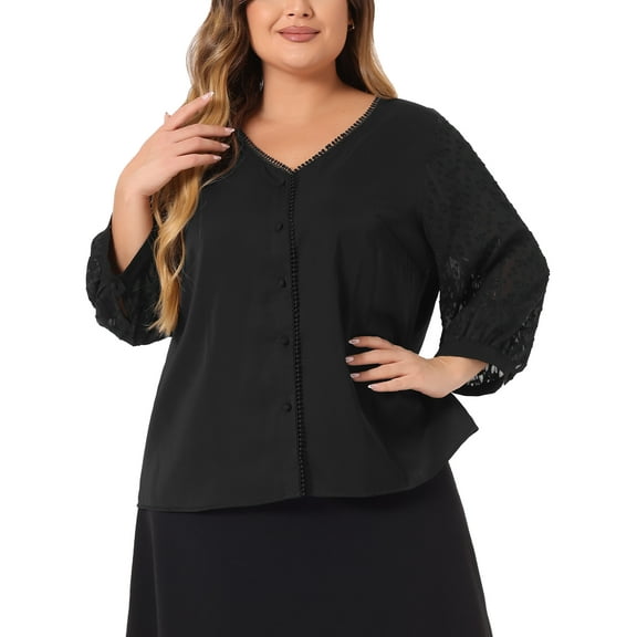 Agnes Orinda Women's Plus Size Lace Floral V Neck 3/4 Sleeves Button Blouse 2X Black