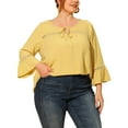 thumbnail image 1 of Agnes Orinda Women's Plus Size Lace Insert Tie Neck 3/4 Flare Sleeve Blouse 1X Light Yellow, 1 of 7