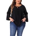 thumbnail image 1 of Agnes Orinda Women's Plus Size Lace Insert Tie Neck 3/4 Flare Sleeve Blouse 2X Black, 1 of 5