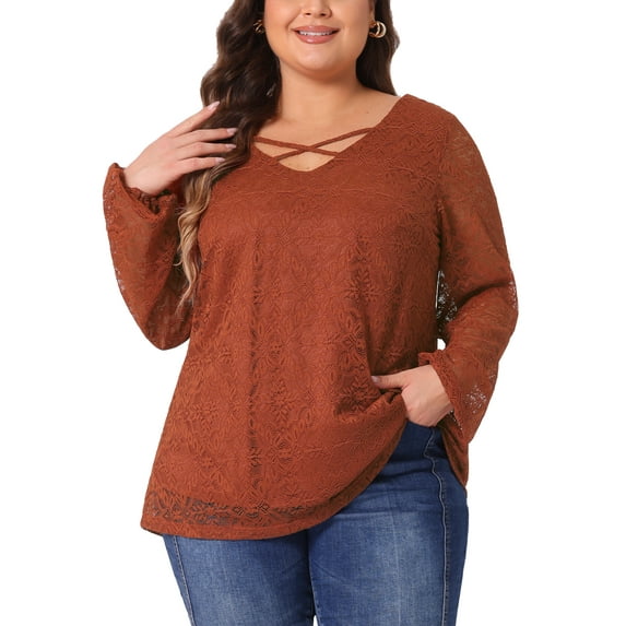 Agnes Orinda Women's Plus Size Top Double Layers Lace Long Sleeve V Neck Sheer Casual Blouse 1X Brick Red