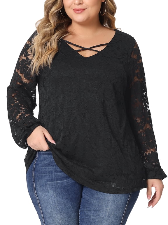 Women's Plus Size Top Double Layers Lace Long Sleeve V Neck Sheer Casual Blouse 2X Black