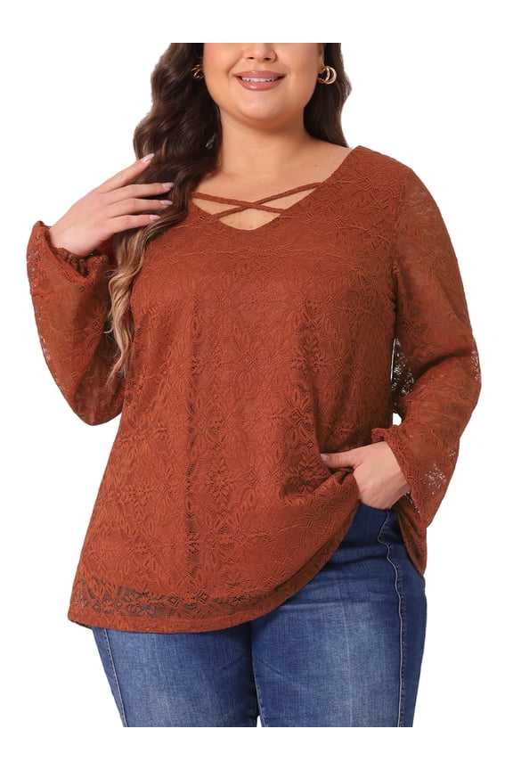 Women's Plus Size Top Double Layers Lace Long Sleeve V Neck Sheer Casual Blouse 3X Brick Red