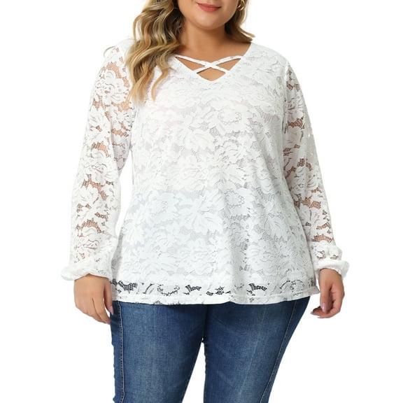 Agnes Orinda Women's Plus Size Valentines Day Top Double Layers Lace Long Sleeve V Neck Sheer Casual Blouse 3X White