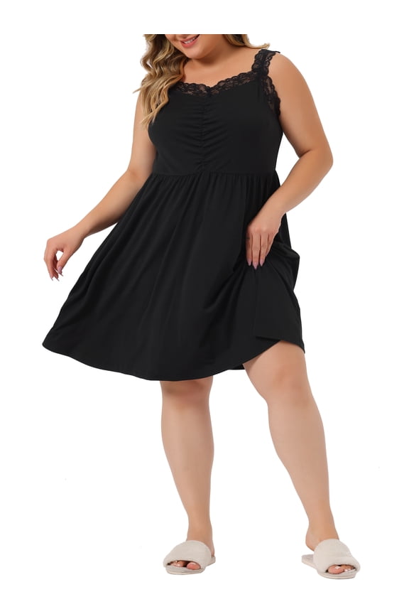 Women's Plus Size Valentines Day Lace Shoulder Straps Knee Length Sleepshirts 2X Black