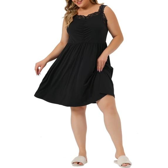 Agnes Orinda Women's Plus Size Lace Shoulder Straps Knee Length Sleepshirts 1X Black