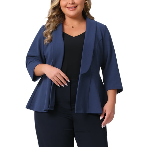 Agnes Orinda Women's Plus Size Blazers Lapel 3/4 Sleeve Peplum Open Front Casual Business Cardigan Jackets 1X Navy Blue