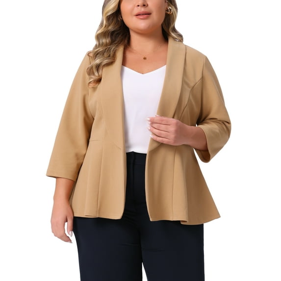 Agnes Orinda Women's Plus Size Blazers Lapel 3/4 Sleeve Peplum Open Front Casual Business Cardigan Jackets 3X Khaki