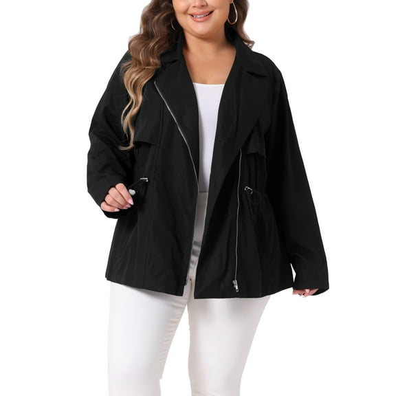 Agnes Orinda Women's Plus Size Lapel Zipper Drawstring Waist Moto Jacket 3X Black