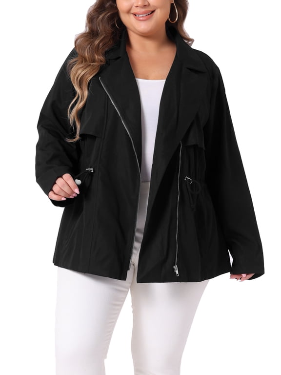 Women's Plus Size Lapel Zipper Drawstring Waist Moto Jacket 3X Black