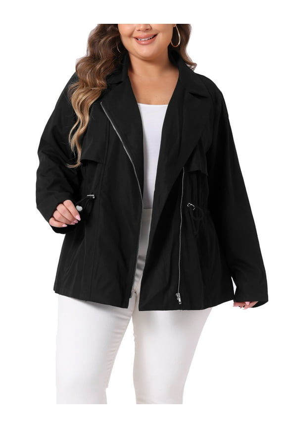 Women's Plus Size Lapel  Zipper Drawstring Waist Moto Jacket 4X Black