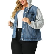 Agnes Orinda Women's Plus Size Jackets Layered Coats Drawstring Hoodie Denim Jean Jackets 1X Blue