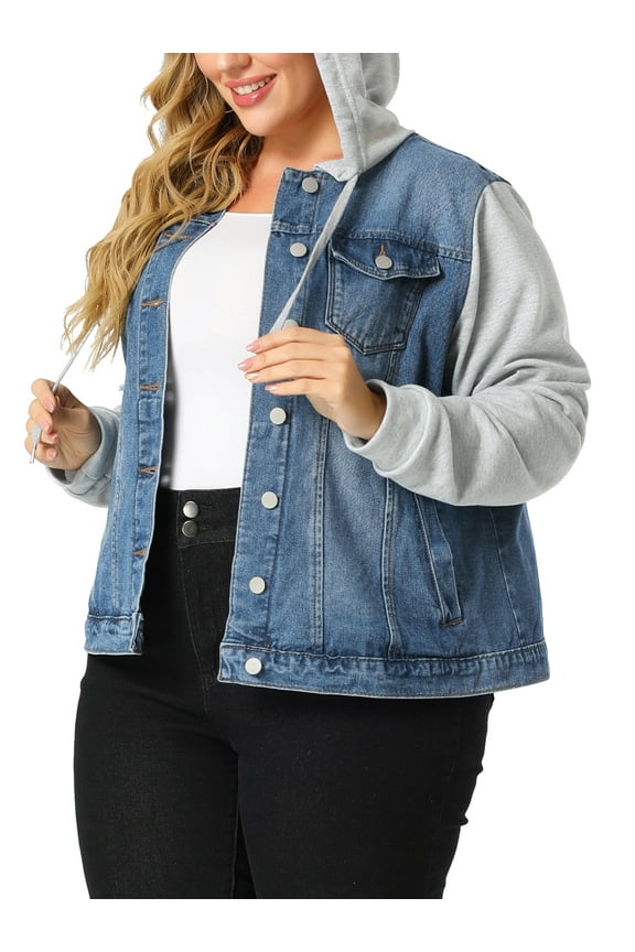 Women's Plus Size Jackets Layered Coats Drawstring Hoodie Denim Jean Jackets 1X Blue