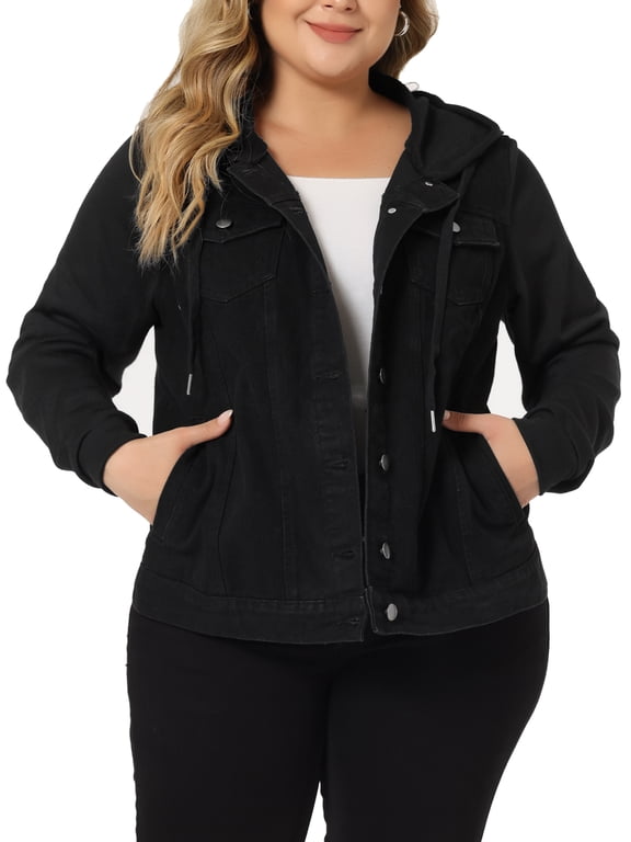 Women's Plus Size Jackets Layered Coats Drawstring Hoodie Denim Jean Jackets 1X Dark Black