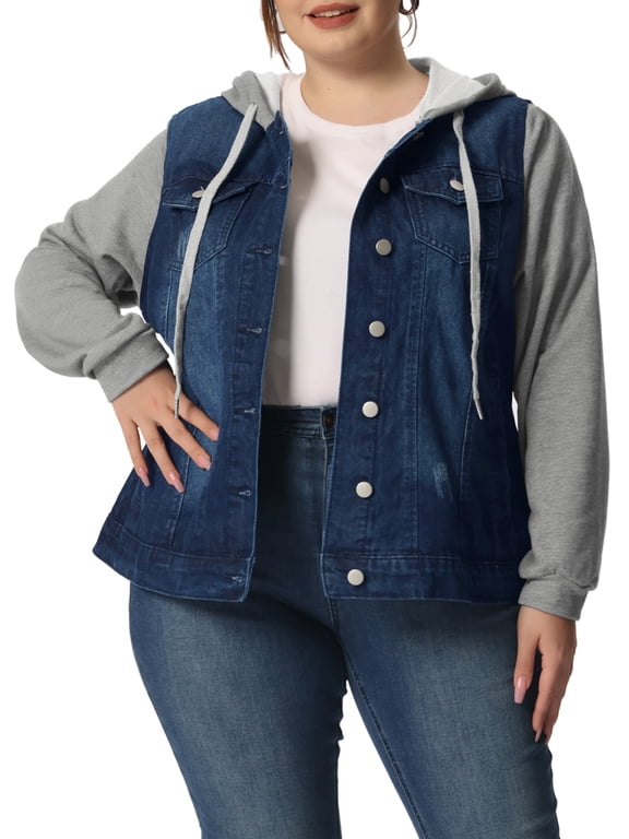 Women's Plus Size Jean Jacket Layered Drawstring Hoods Utility Denim Jackets with Pocket 2X Black Blue