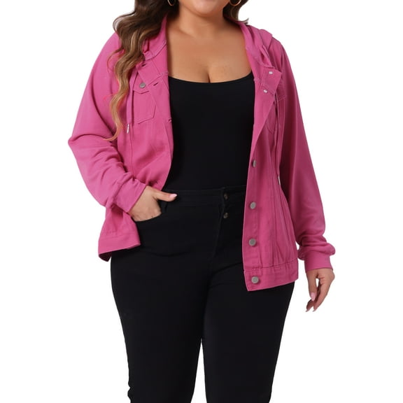 Agnes Orinda Women's Plus Size Jackets Layered Coats Drawstring Hoodie Denim Jean Jackets 2X Hot Pink