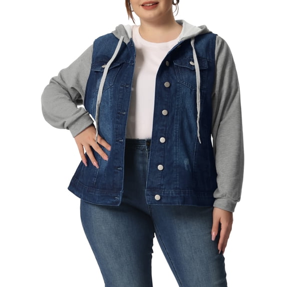 Agnes Orinda Women's Plus Size Jackets Layered Coats Drawstring Hoodie Denim Jean Jackets 3X Black Blue