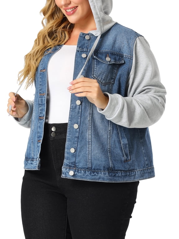 Women's Plus Size Jackets Layered Coats Drawstring Hoodie Denim Jean Jackets 3X Blue