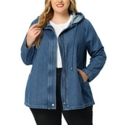 Agnes Orinda Women's Plus Size Layered Drawstring Hooded Utility Denim Jackets with Pockets 1X Blue