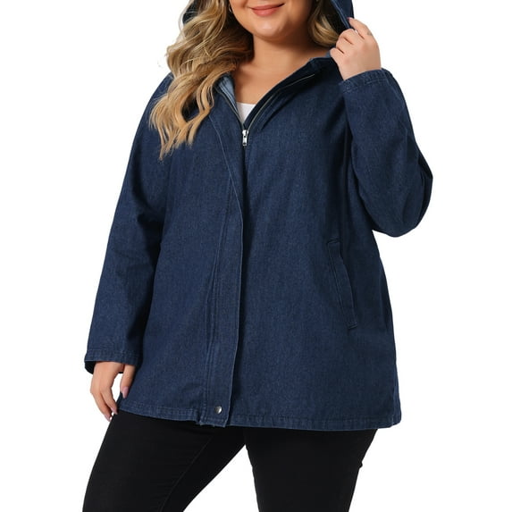 Agnes Orinda Women's Plus Size Layered Drawstring Hood Denim Utility Jacket with Pockets 2X Black Blue