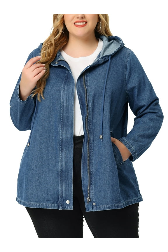 Women's Plus Size Layered Drawstring Hooded Utility with Pockets Denim Jackets 2X Blue