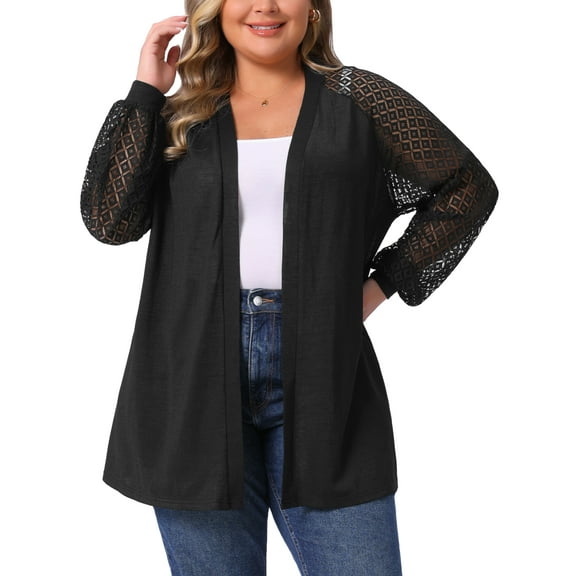 Agnes Orinda Women's Plus Size Lightweight Cardigan Crochet Knit Hollow Out Lace Long Sleeve Casual Open Front Sweater 1X Black