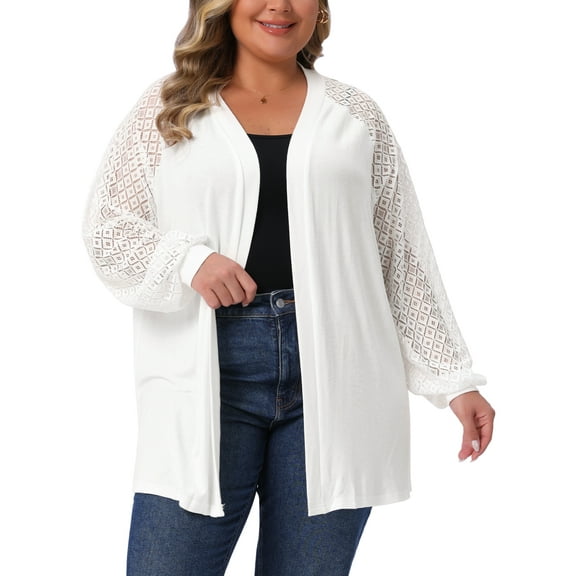 Agnes Orinda Women's Plus Size Lightweight Cardigan Crochet Knit Hollow Out Lace Long Sleeve Casual Open Front Sweater  3X White