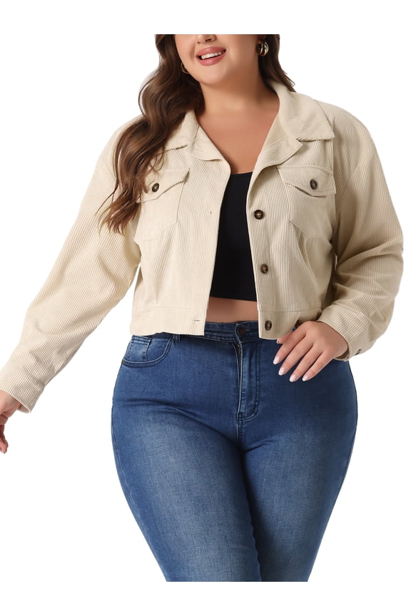 GRACE & GRANDEUR Women's Plus Size Lightweight Cropped Shacket Button Down Corduroy Shacket Jackets 2X Apricot