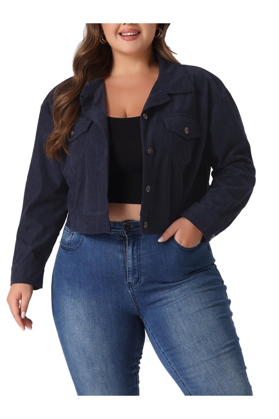 Women's Plus Size Lightweight Cropped Shacket Button Down Corduroy Shacket Jackets 2X Navy Blue