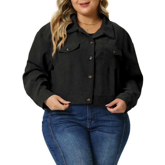 GRACE & GRANDEUR Women's Plus Size Lightweight Cropped Shacket Button Down Corduroy Shacket Jackets 3X Black