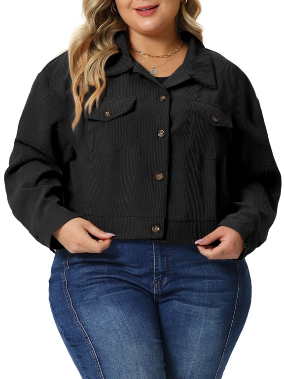 Women's Plus Size Halloween Outfits Lightweight Cropped Shacket Button Down Corduroy Shacket Jackets 4X Black