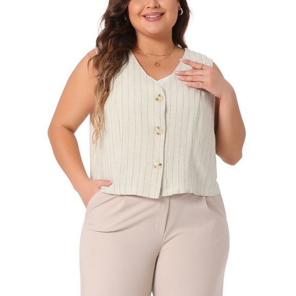 Agnes Orinda Women's Plus Size Cropped Linen Vest V Neck Sleeveless Button Down Business Casual Top 1X Beige