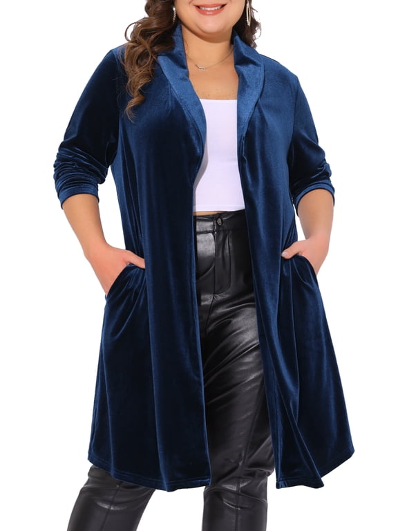 Women's Plus Size Halloween Outfits Long Cardigan Open Front Velvet Blazer Jackets 3X Dark Blue