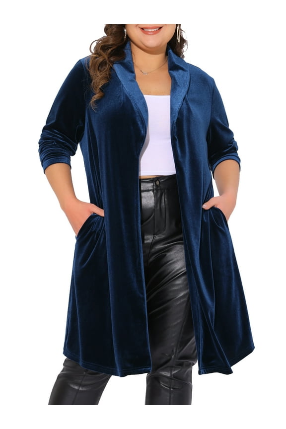 Women's Plus Size Long Cardigan Open Front Velvet Blazer Jackets 3X Dark Blue