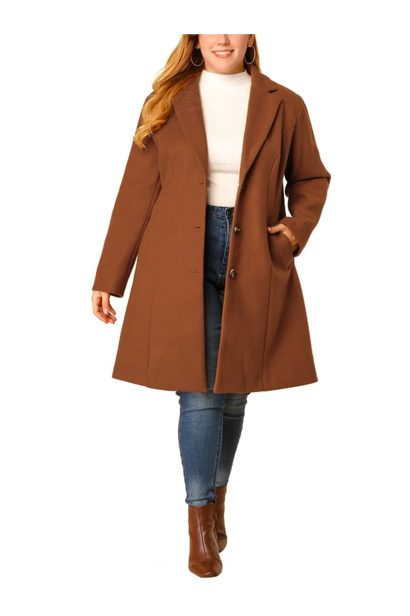 Women's Plus Size Long Coat Notched Lapel Single Breasted Winter Outerwear Peacoats with Pockets 3X Brown