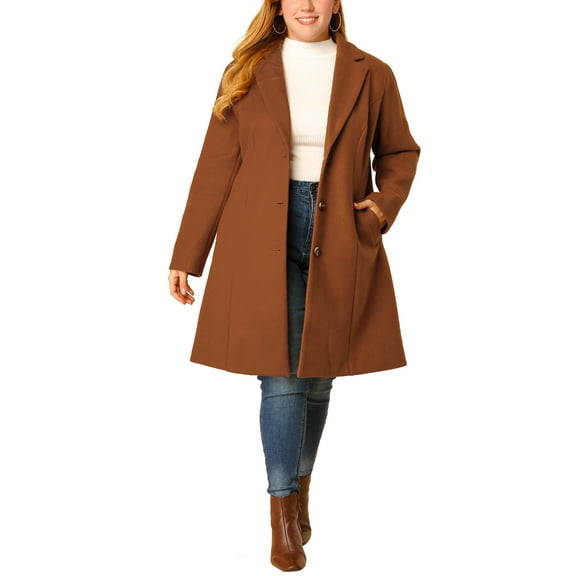 Agnes Orinda Women's Plus Size Long Coat Notched Lapel Single Breasted Winter Outerwear Peacoats with Pockets 4X Brown