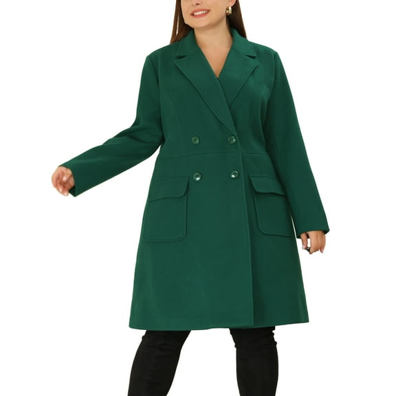 Agnes Orinda Women's Plus Size Long Coats Notch Lapel Double Breasted Winter Trench Peacoats with Pocket 2X Dark Green