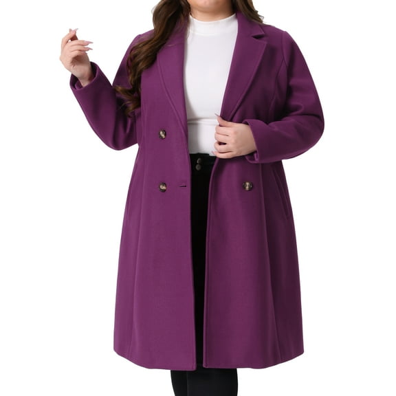 Agnes Orinda Women's Plus Size Long Coats Notched Lapel Double Breasted Winter Coat with Pockets 1X Purple