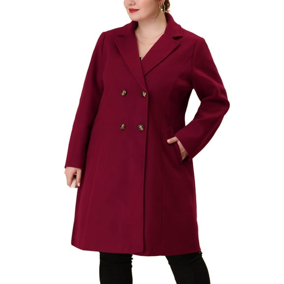 Agnes Orinda Women's Plus Size Long Coats Notched Lapel Double Breasted Winter Coat with Pockets 1X Burgundy