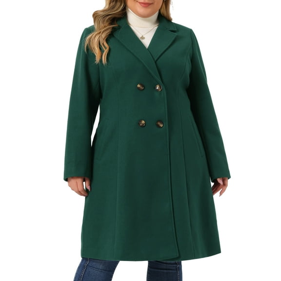 Agnes Orinda Women's Plus Size Long Coats Notched Lapel Double Breasted Winter Coat with Pockets 1X Green