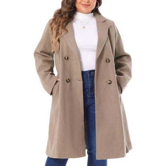 Agnes Orinda Women's Plus Size Long Coats Notched Lapel Double Breasted Winter Coat with Pockets 1X Light Brown