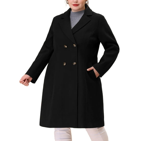 Agnes Orinda Women's Plus Size Long Coats Notched Lapel Double Breasted Winter Coat with Pockets 2X Black