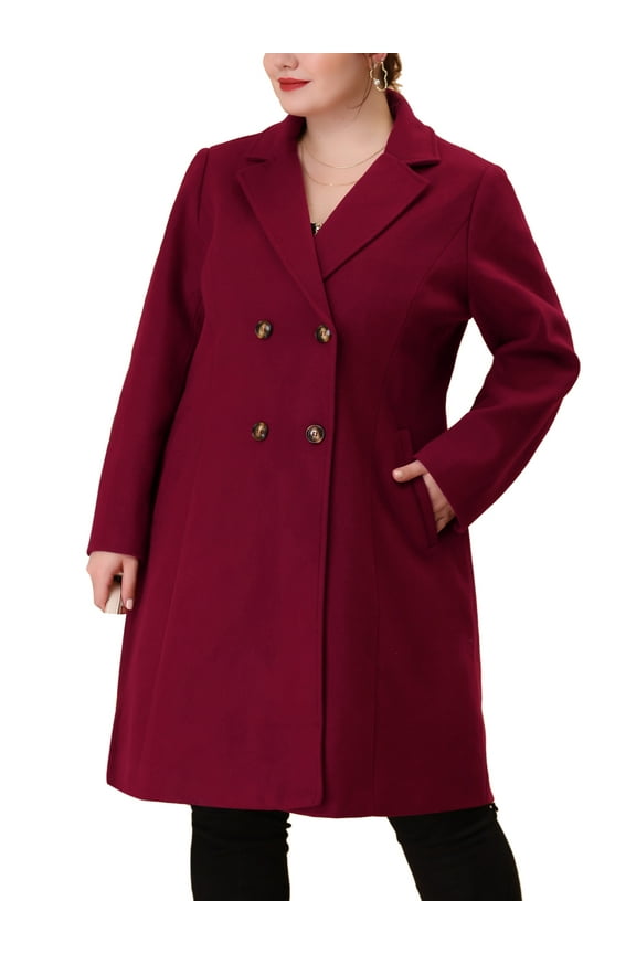 Women's Plus Size Long Coats Notched Lapel Double Breasted Winter Coat with Pockets 2X Burgundy