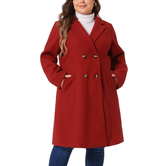 Agnes Orinda Women's Plus Size Long Coats Notched Lapel Double Breasted Winter Coat with Pockets 2X Dark Red