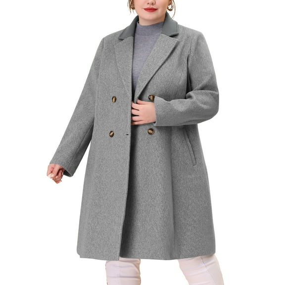 Agnes Orinda Women's Plus Size Peacoat Notched Lapel Double Breasted Winter Long Coat with Pockets 2X Gray
