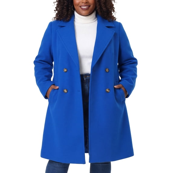Agnes Orinda Women's Plus Size Long Coats Notched Lapel Double Breasted Winter Coat with Pockets 3X Royal Blue
