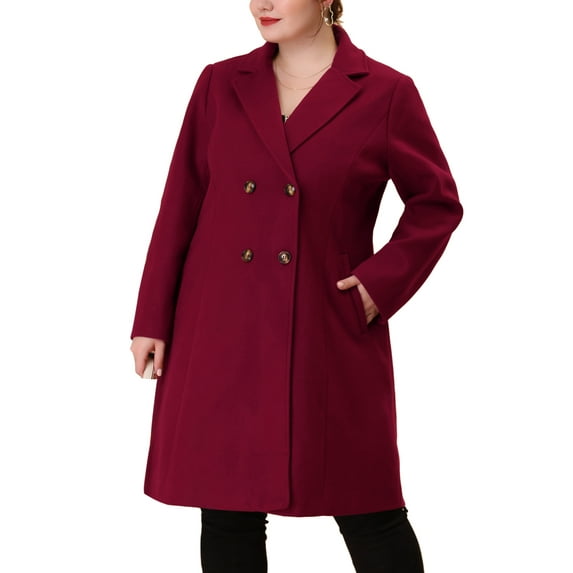 Agnes Orinda Women's Plus Size Long Coats Notched Lapel Double Breasted Winter Coat with Pockets 4X Burgundy