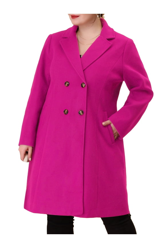 Women's Plus Size Peacoat Notched Lapel Double Breasted Winter Long Coat with Pockets 4X Hot Pink
