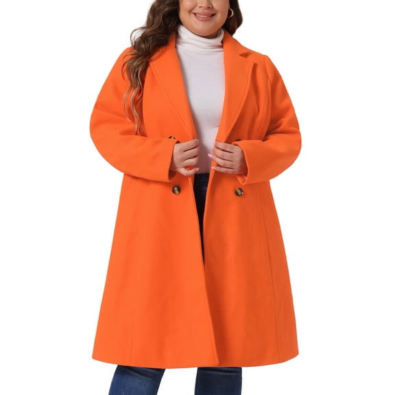 Agnes Orinda Women's Plus Size Long Coats Notched Lapel Double Breasted Winter Coat with Pockets 4X Orange
