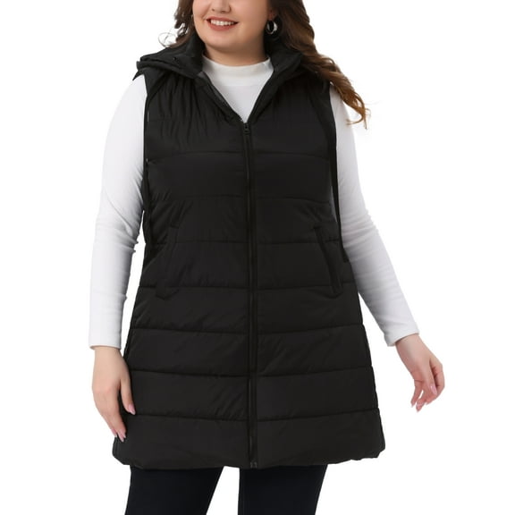 Agnes Orinda Women's Plus Size Quilted Long Vest Hooded Zip up Puffer Jacket with Pockets 1X Black